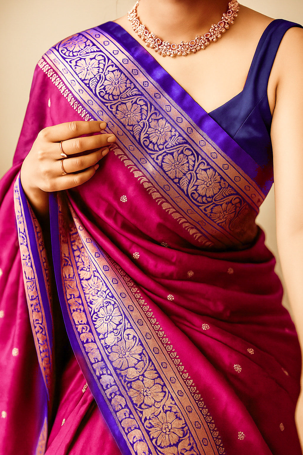 Pink Banarasi Silk Saree with Violet Zari Border
