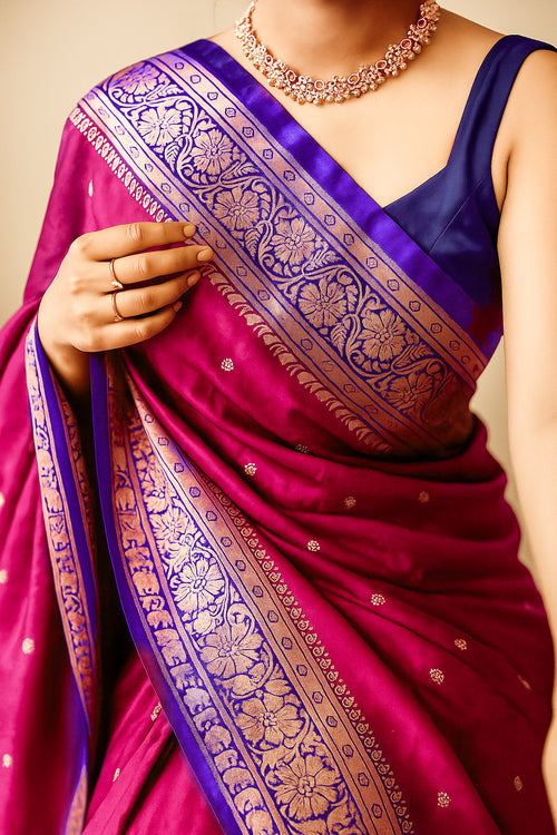 Pink Banarasi Silk Saree with Violet Zari Border