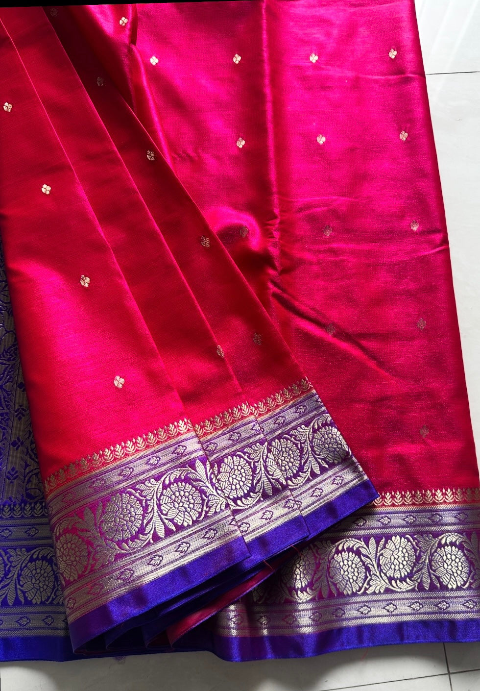 Pink Banarasi Silk Saree with Violet Zari Border