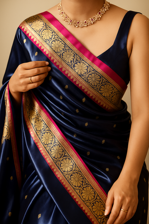 Navy Blue Banarasi Silk Saree with Pink Zari Border