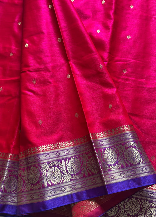 Pink Banarasi Silk Saree with Violet Zari Border
