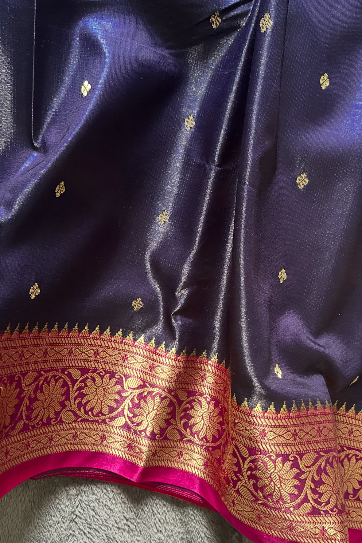 Navy Blue Banarasi Silk Saree with Pink Zari Border