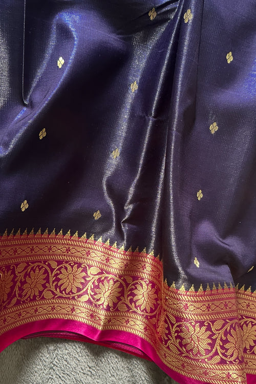 Navy Blue Banarasi Silk Saree with Pink Zari Border